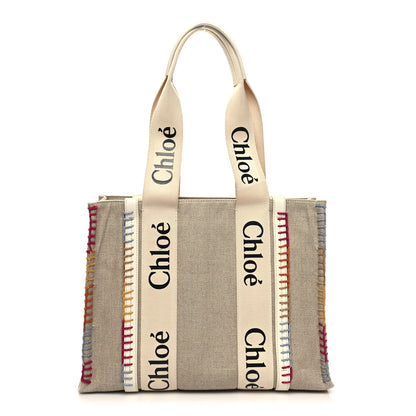 Chloe Linen Canvas Calfskin Blanket Stitched Medium Woody Ribbon Tote White Multicolor 1 of 10