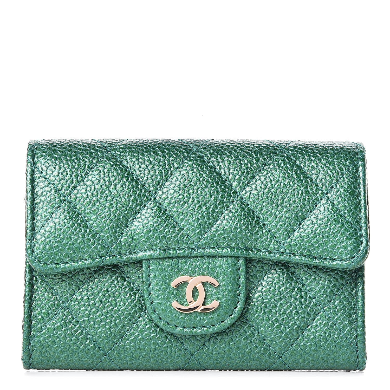 Chanel Metallic Caviar Quilted Flap Card Holder Green 1 of 9