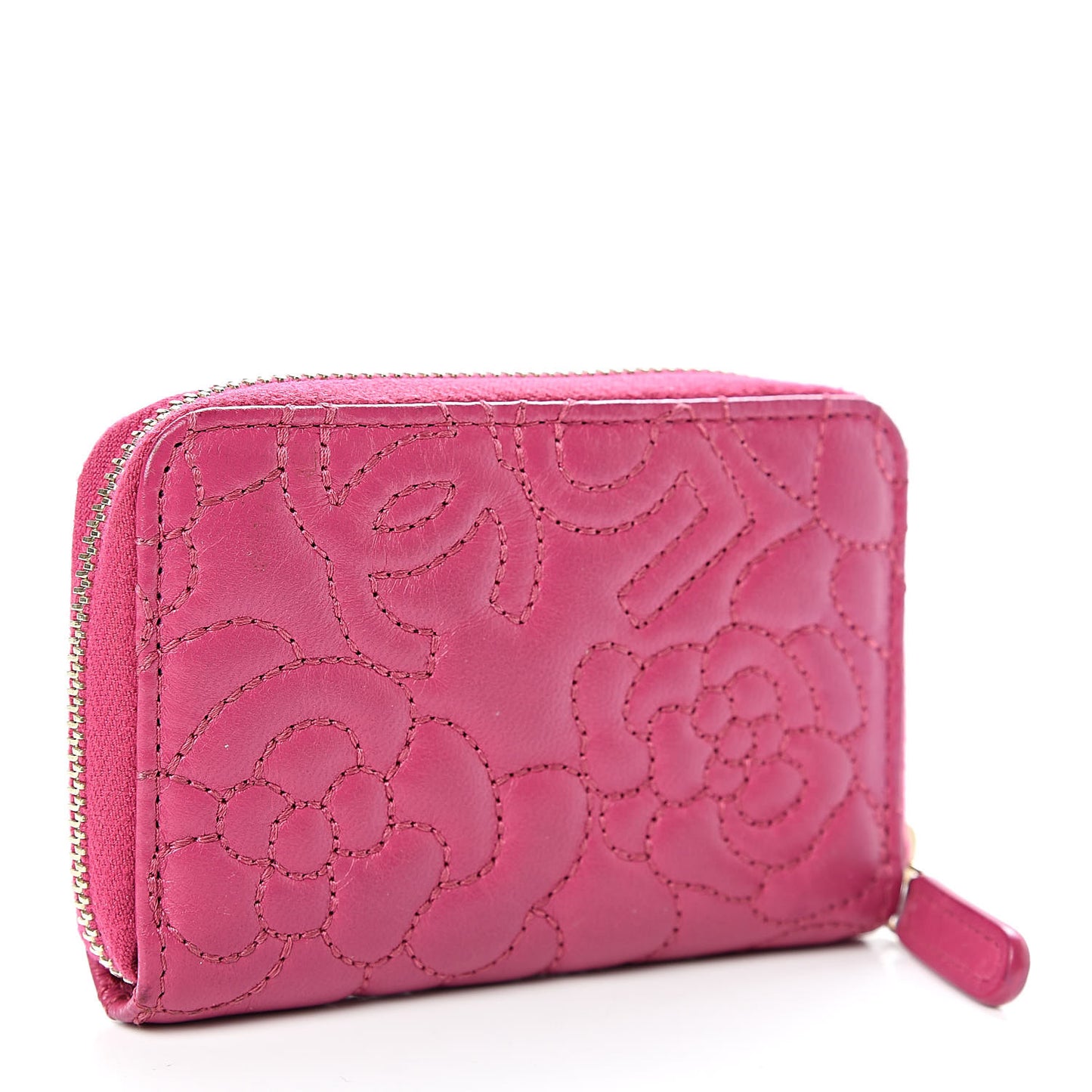 Lambskin Camellia Embossed Zip Coin Purse Fuchsia