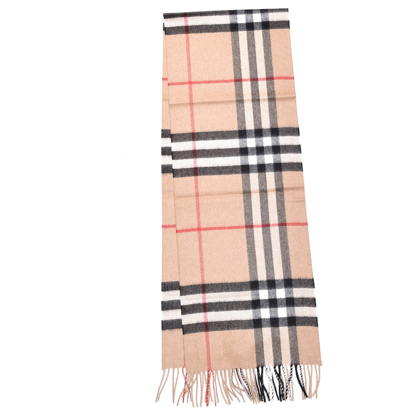 Cashmere Giant Check Fringe Scarf Camel