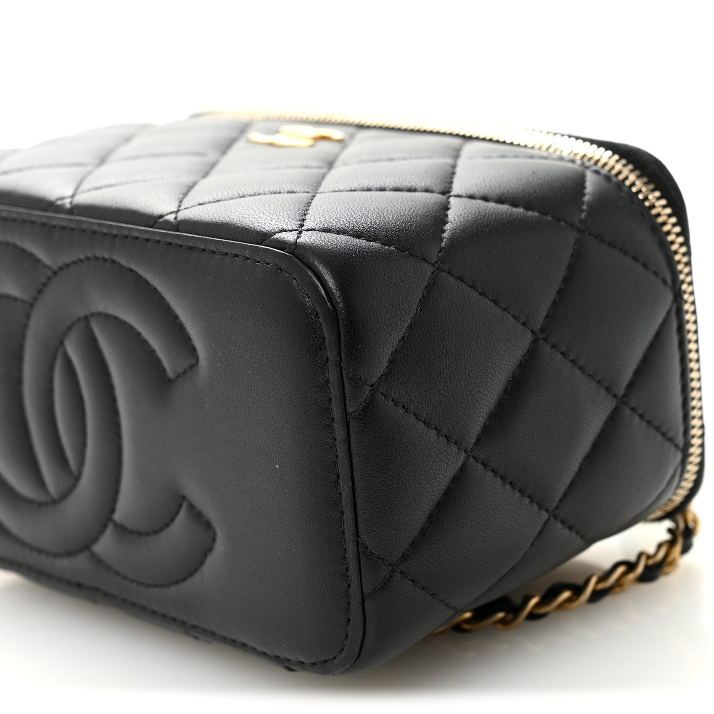 Lambskin Quilted Metal Small Top Handle Vanity Case With Chain Black
