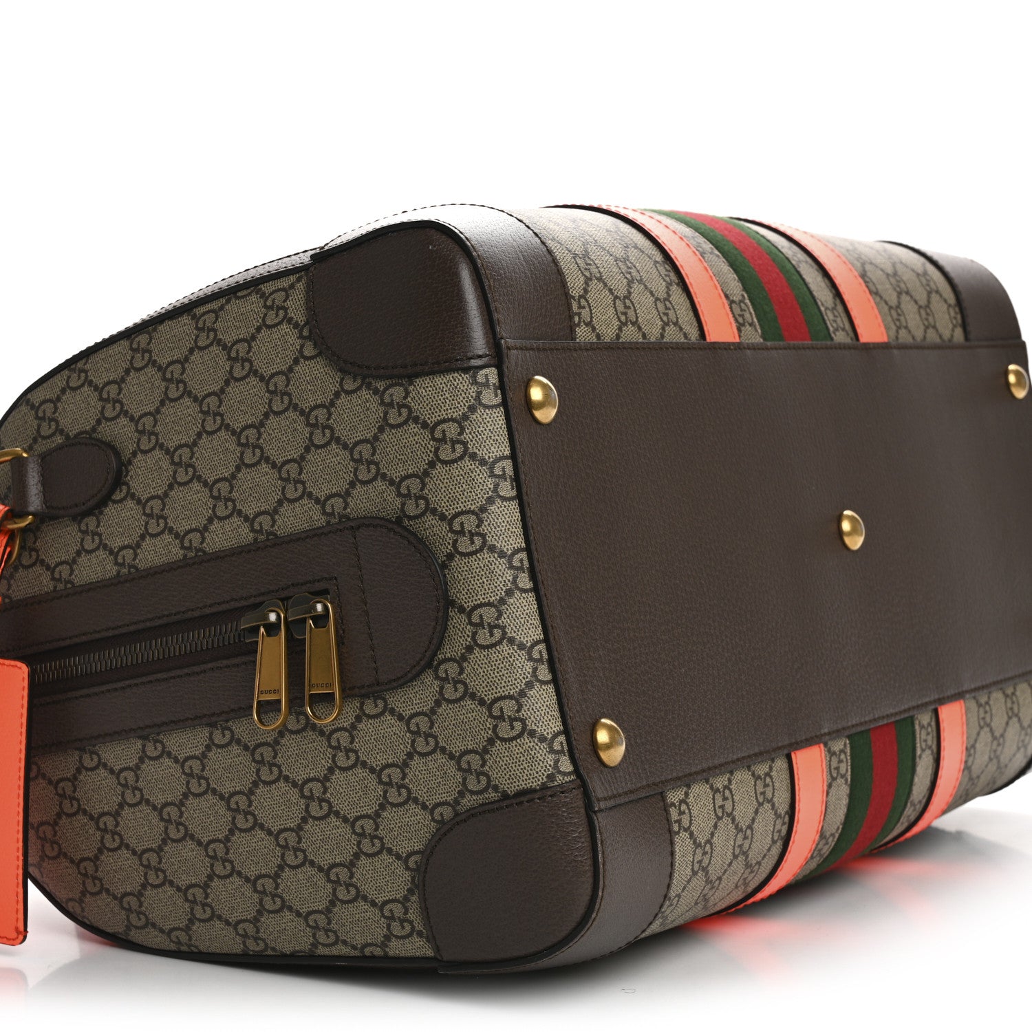 Gucci GG Supreme Monogram Textured Dollar Calfskin Web Medium Savoy Duffle Bag Beige Ebony Fluorescent Orange 10 of 16