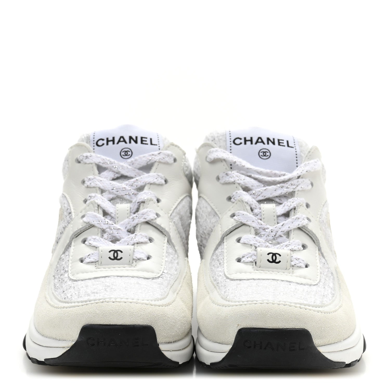 Chanel Painted Iridescent Cotton Tweed Suede Calfskin Womens CC Sneakers 36 White Silver Multicolor 3 of 10