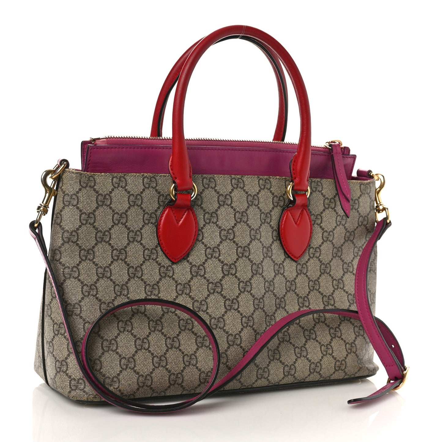 GG Supreme Monogram Moon Calfskin Small Zip Top Tote Beige Ebony Hibiscus Red New Rosette