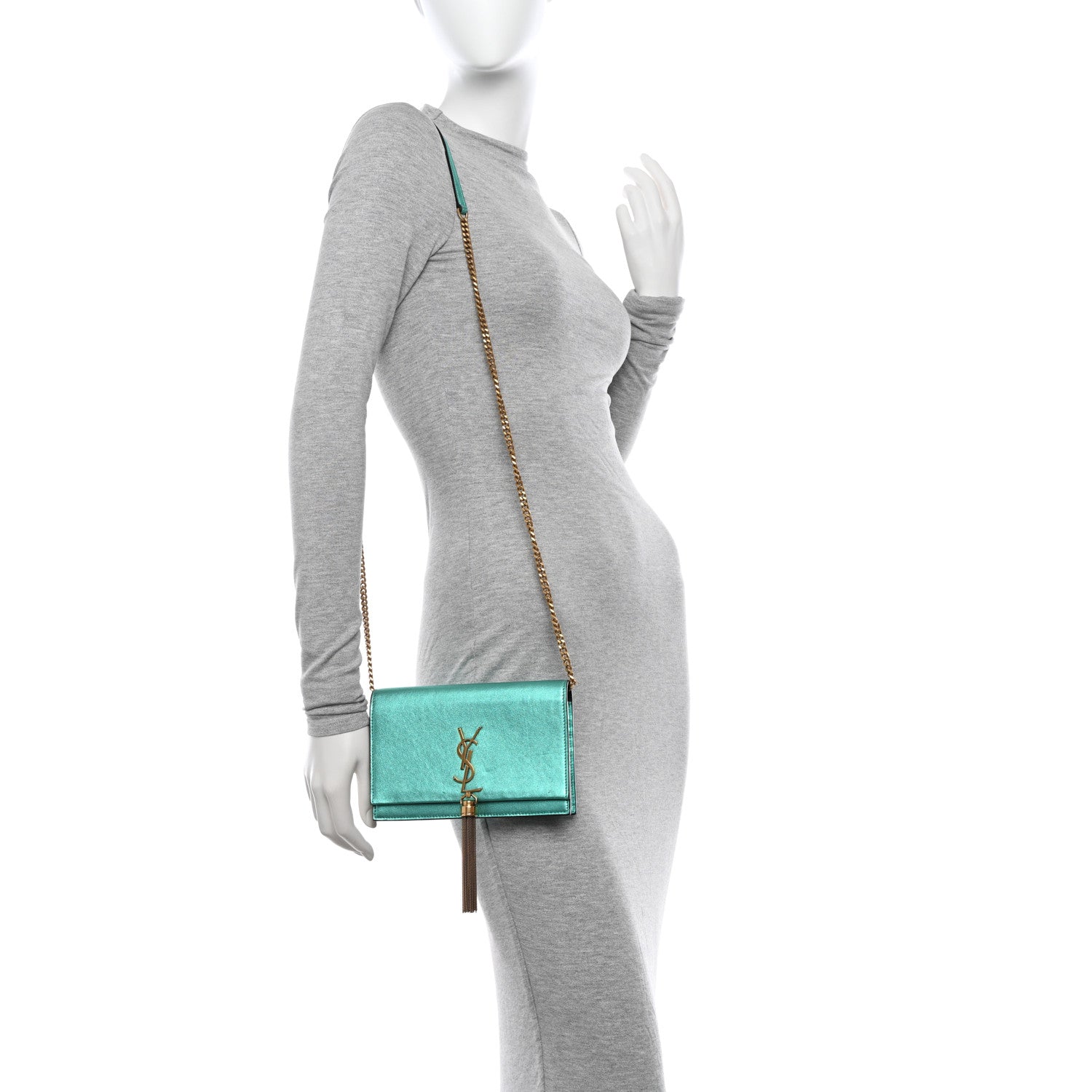 Saint Laurent Laminated Calfskin Classic Monogram Kate Tassel Chain Wallet Green 2 of 14