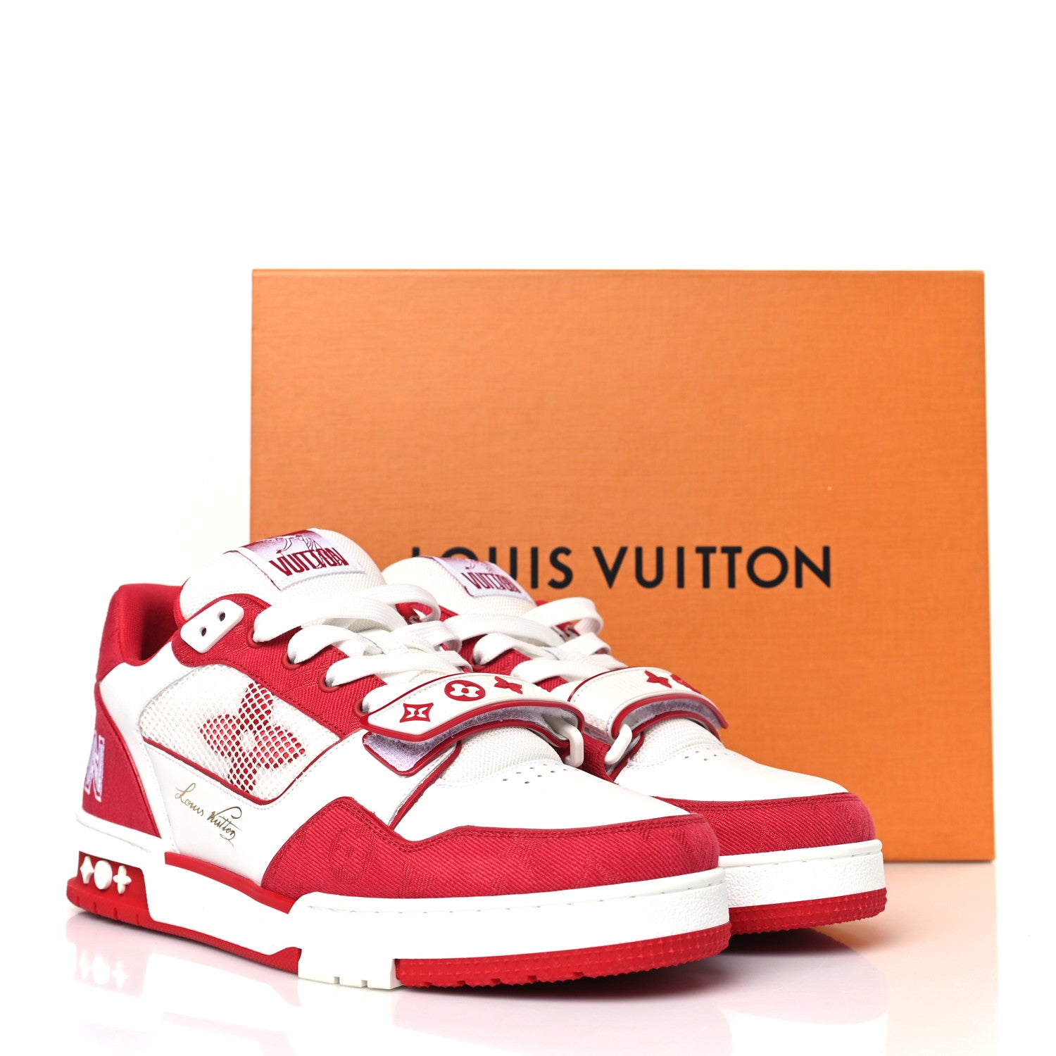 Louis Vuitton Calfskin Embossed Monogram Denim Mens LV Trainer Sneakers 9 Red 9 of 9