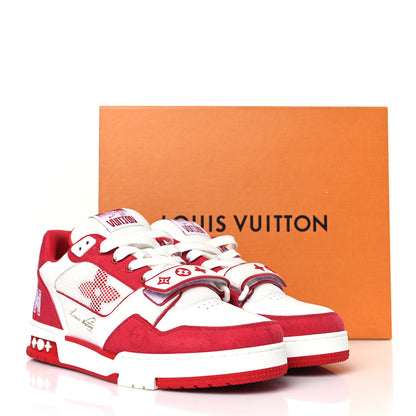 Louis Vuitton Calfskin Embossed Monogram Denim Mens LV Trainer Sneakers 9 Red 9 of 9