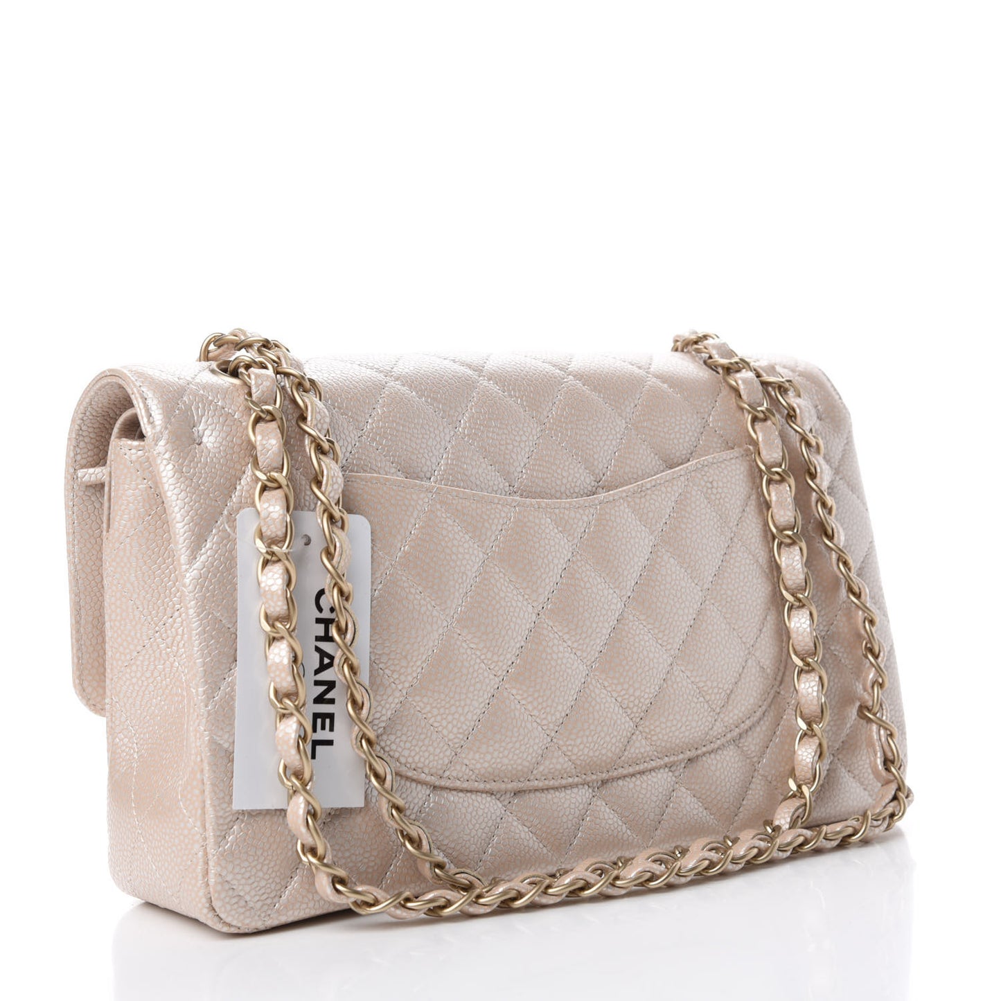 Pearly Caviar Quilted Medium Double Flap Light Beige