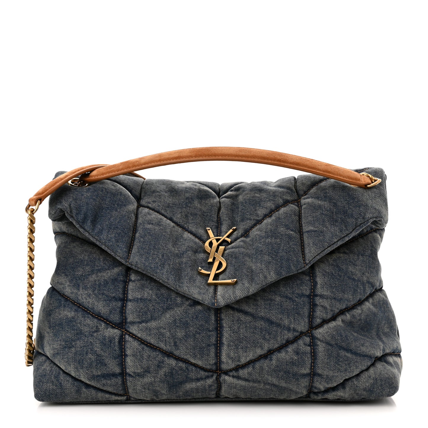 Denim Quilted Medium Loulou Puffer Monogram Chain Satchel Blue Cinnamon