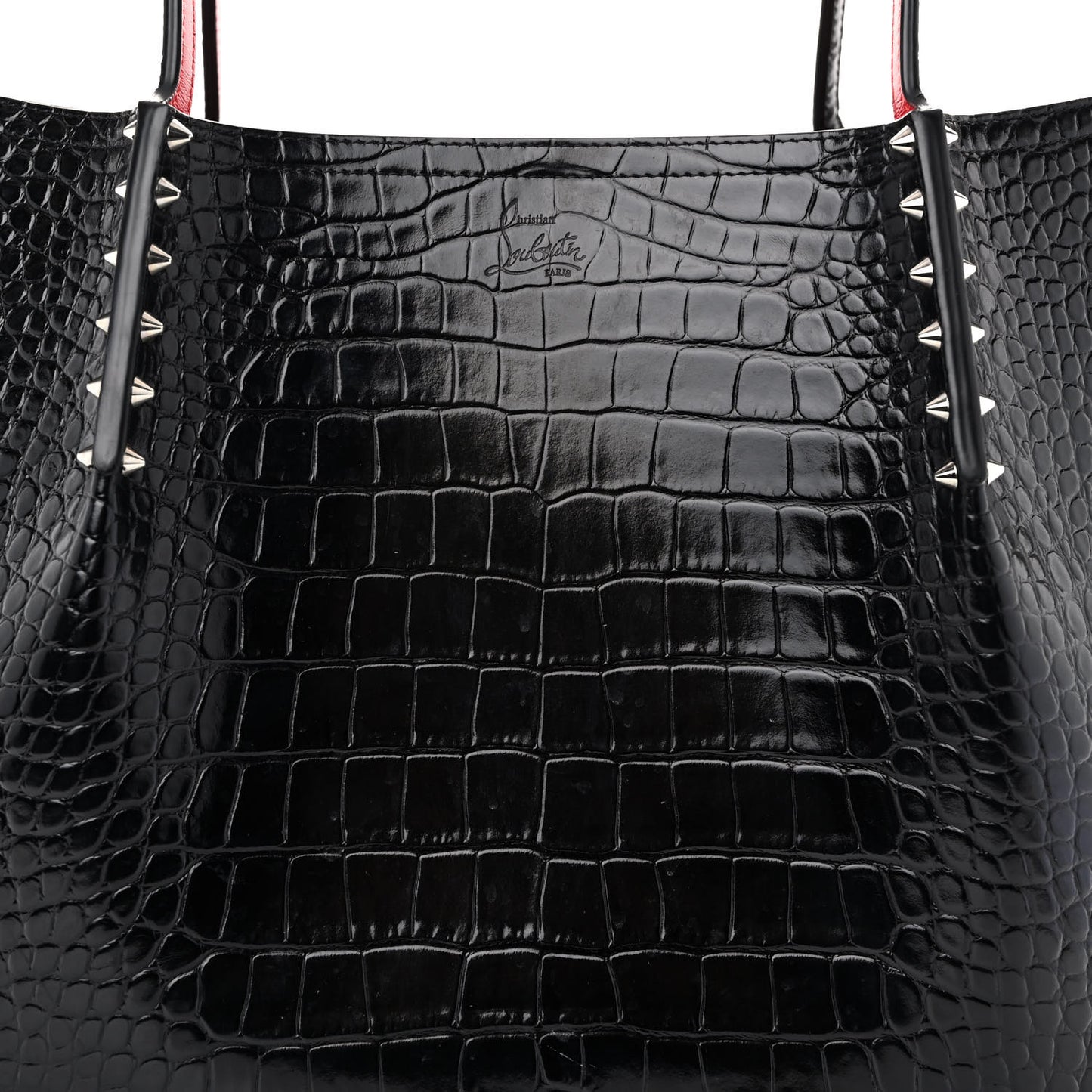 Crocodile Embossed Calfskin Spiked Small Cabarock Shopper Tote Black
