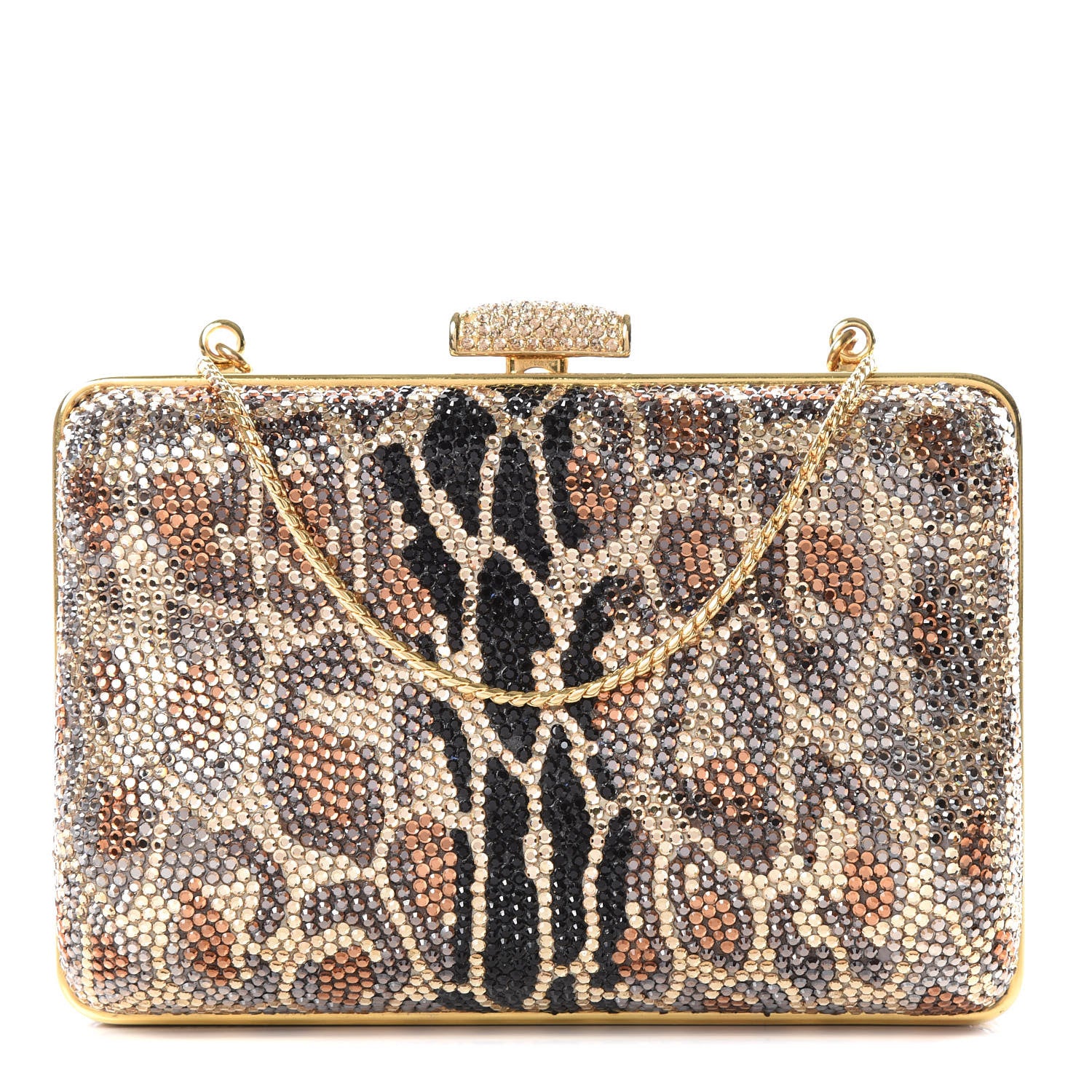 Judith Leiber Crystal Leopard Minaudiere Clutch Gold Brown 1 of 12