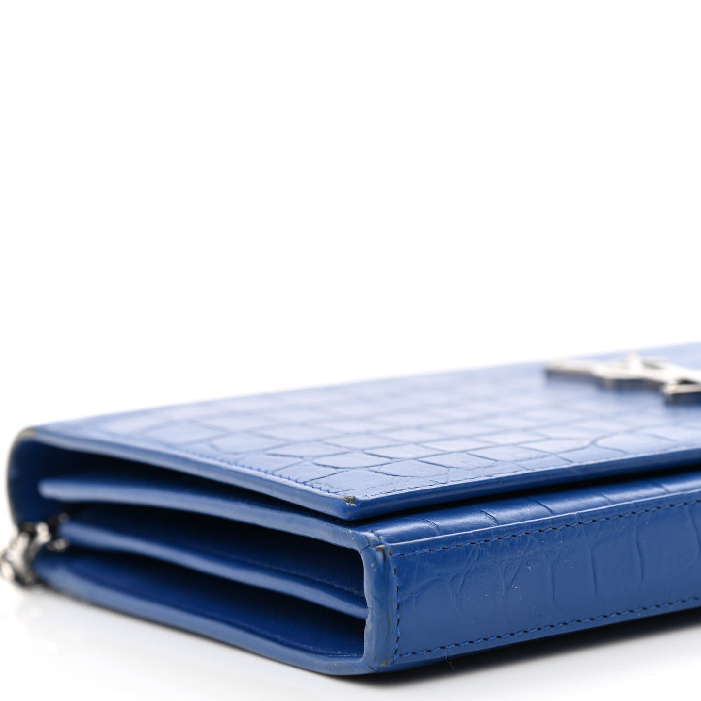 Calfskin Crocodile Embossed Monogram Chain Wallet Royal Blue
