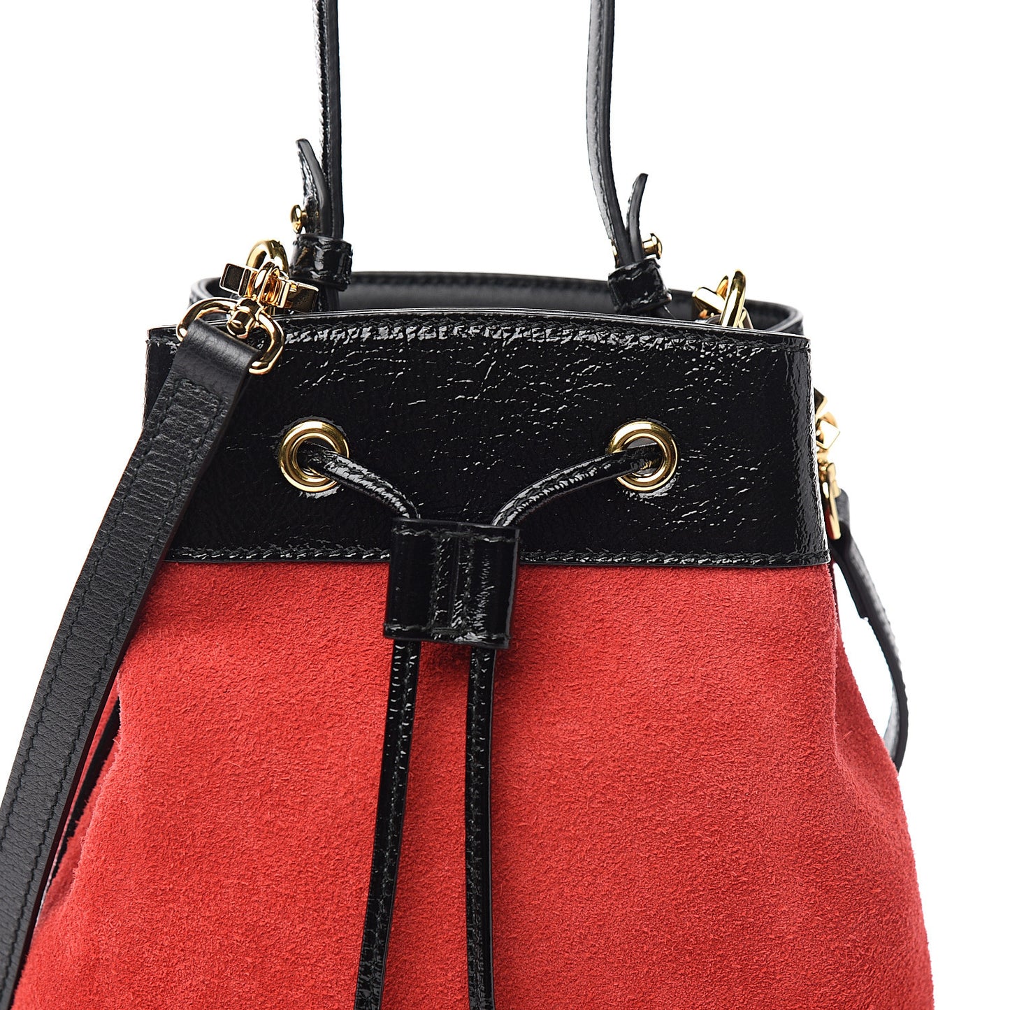Suede Patent Web Small Ophidia Bucket Bag Hibiscus Red Black