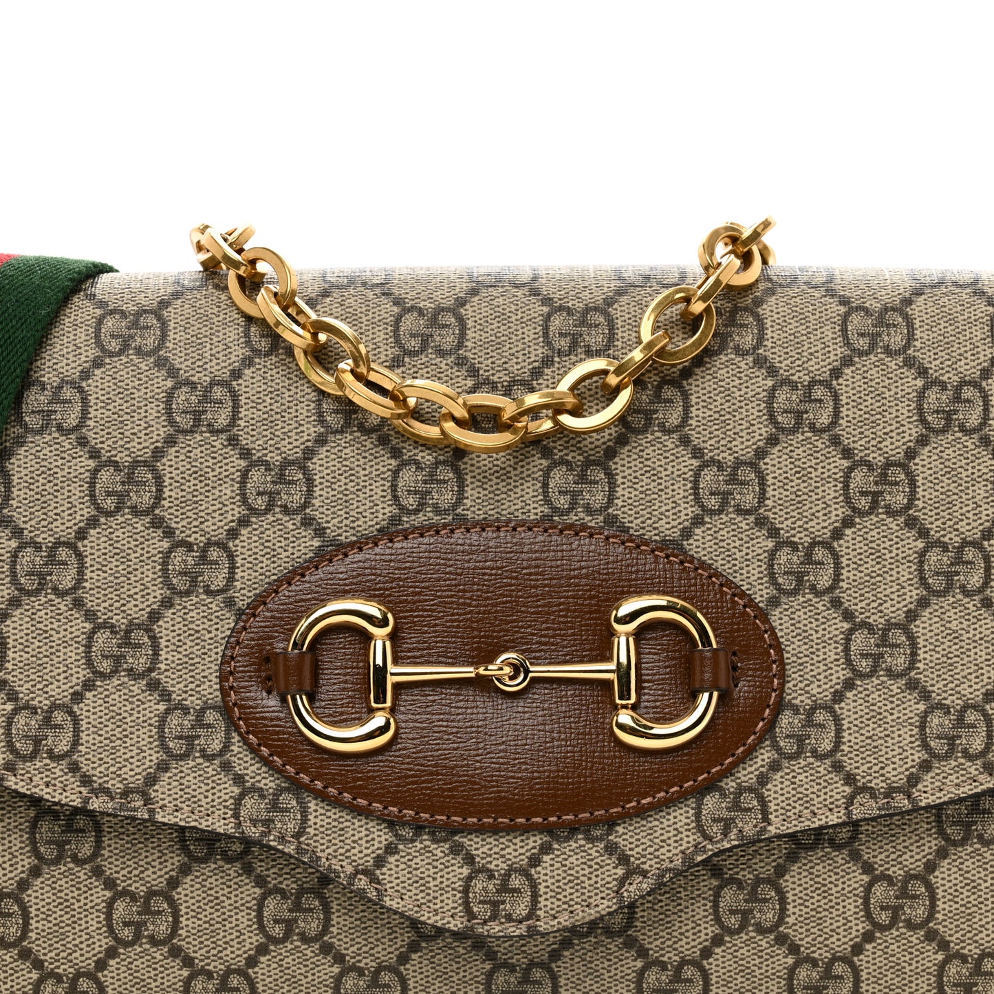 GG Supreme Monogram Azalea Calfskin Web Small Horsebit 1955 Crossbody Bag Beige Ebony Brown Sugar