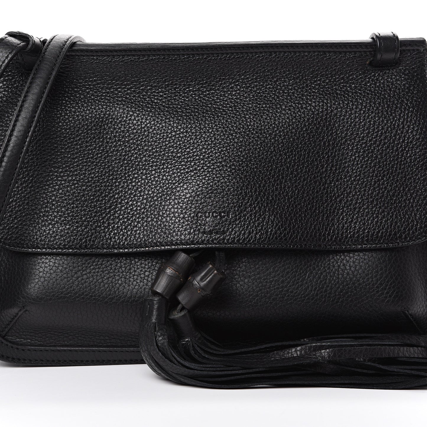Pebbled Calfskin Medium Bamboo Daily Flap Shoulder Bag Black