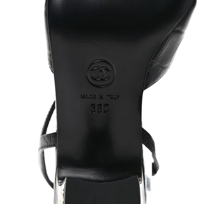 Chanel Calfskin Crocodile Embossed Patent Cap Toe CC Slingback Sandals 38 Black 6 of 8