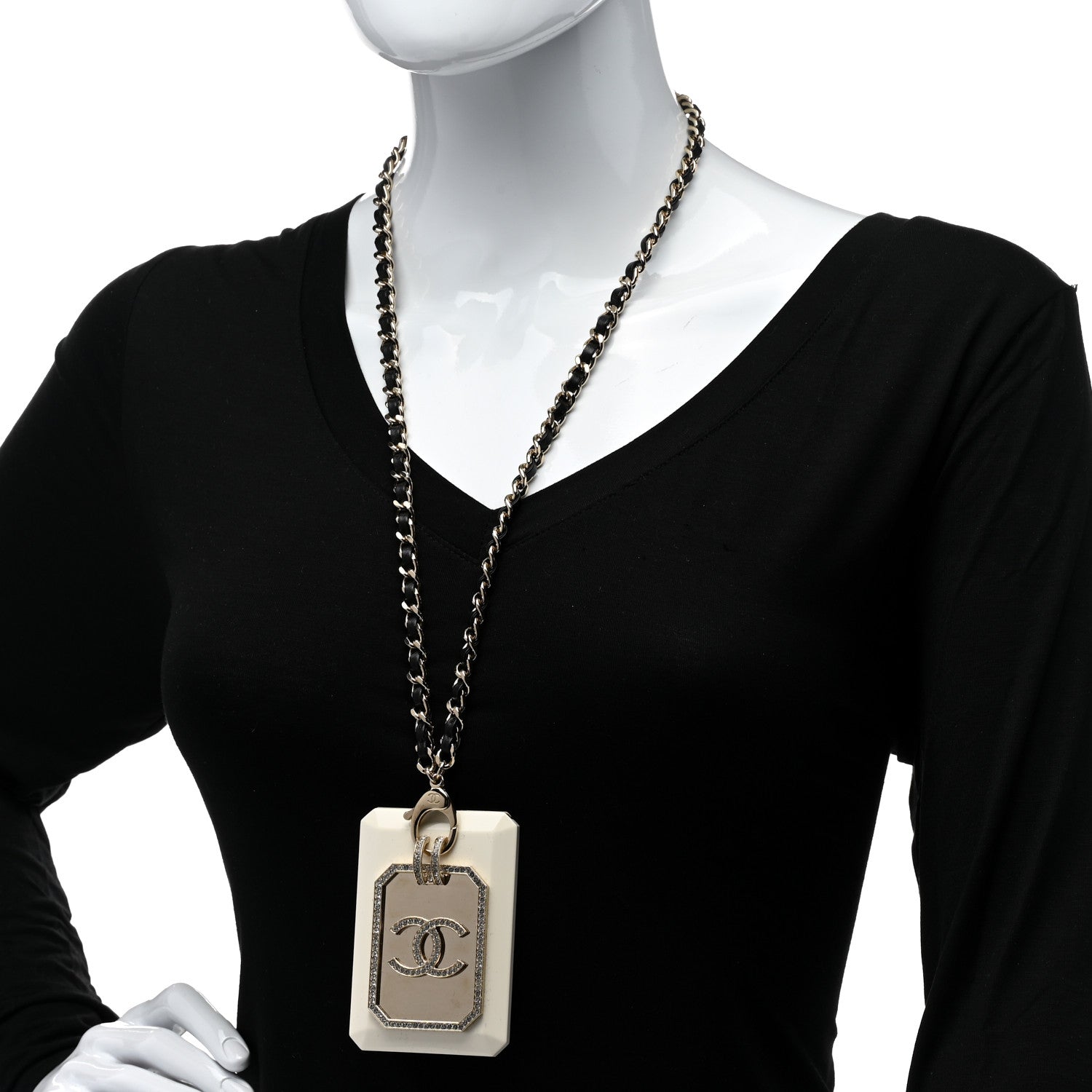 Chanel Resin Crystal Lambskin CC Cardholder Pendant Necklace Gold White 2 of 6