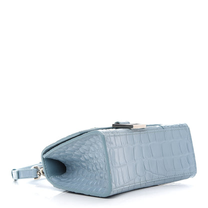 Balenciaga Shiny Calfskin Crocodile Embossed Hourglass Top Handle Bag XS Blue Grey 4 of 8