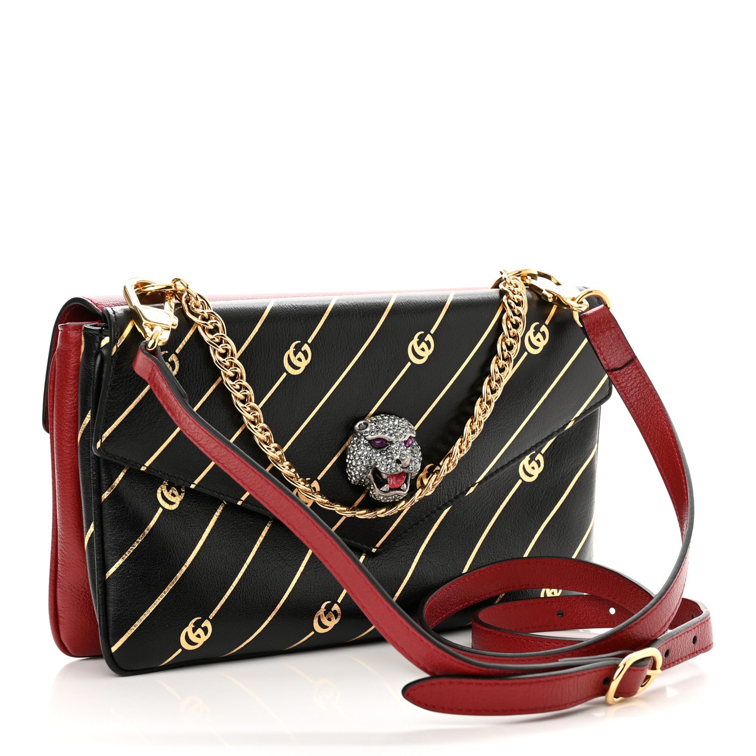 Gucci Calfskin Diagonal GG Medium Thiara Double Envelope Shoulder Bag Black Red 3 of 12