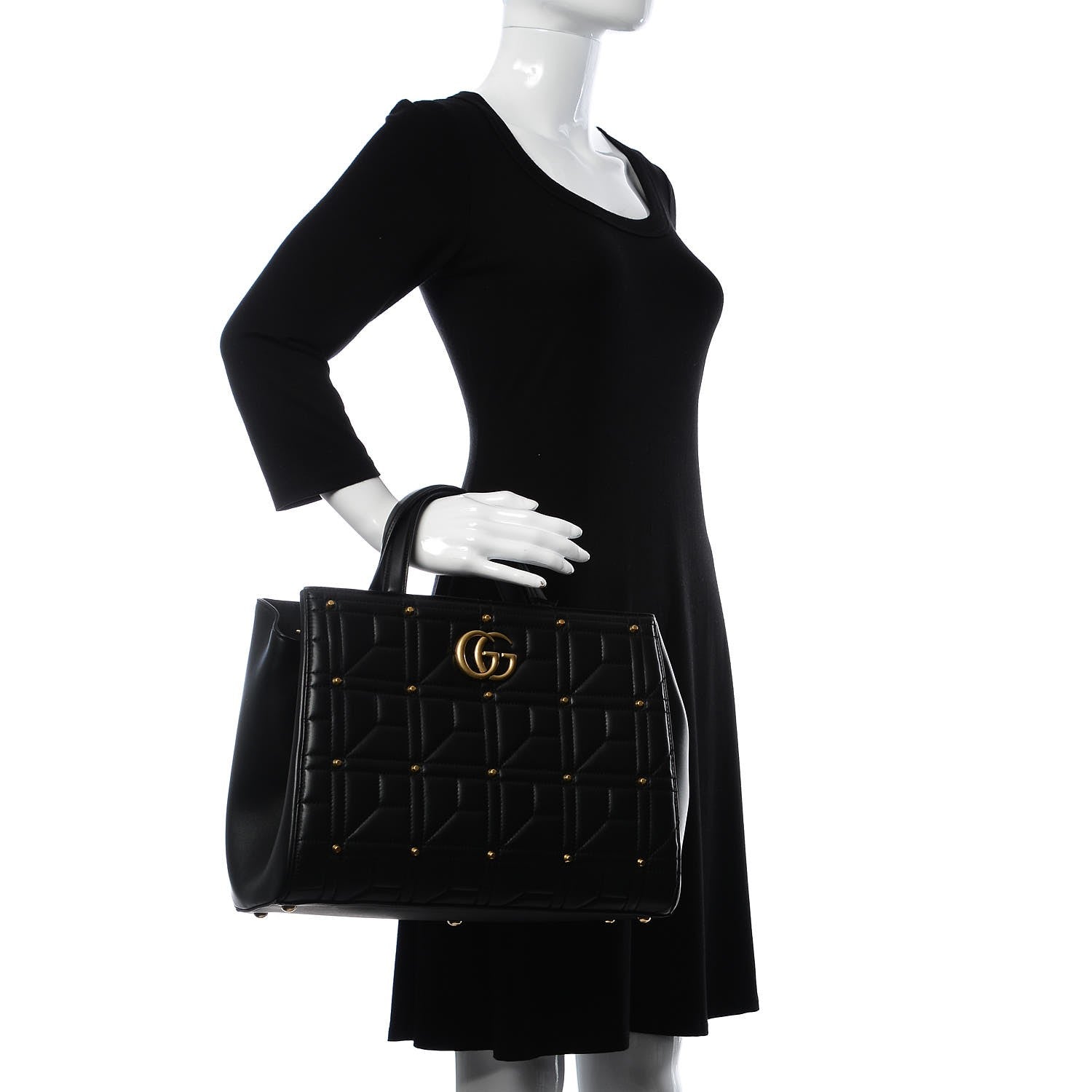 Gucci Calfskin Matelasse Studded Medium GG Marmont Tote Black 3 of 8