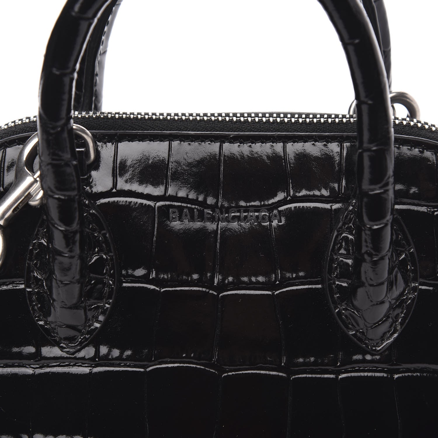 Balenciaga Shiny Calfskin Logo Crocodile Embossed XXS Ville Top Handle Bag Black White 7 of 9