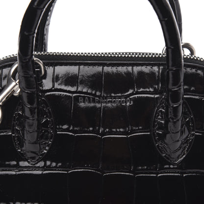 Balenciaga Shiny Calfskin Logo Crocodile Embossed XXS Ville Top Handle Bag Black White 7 of 9