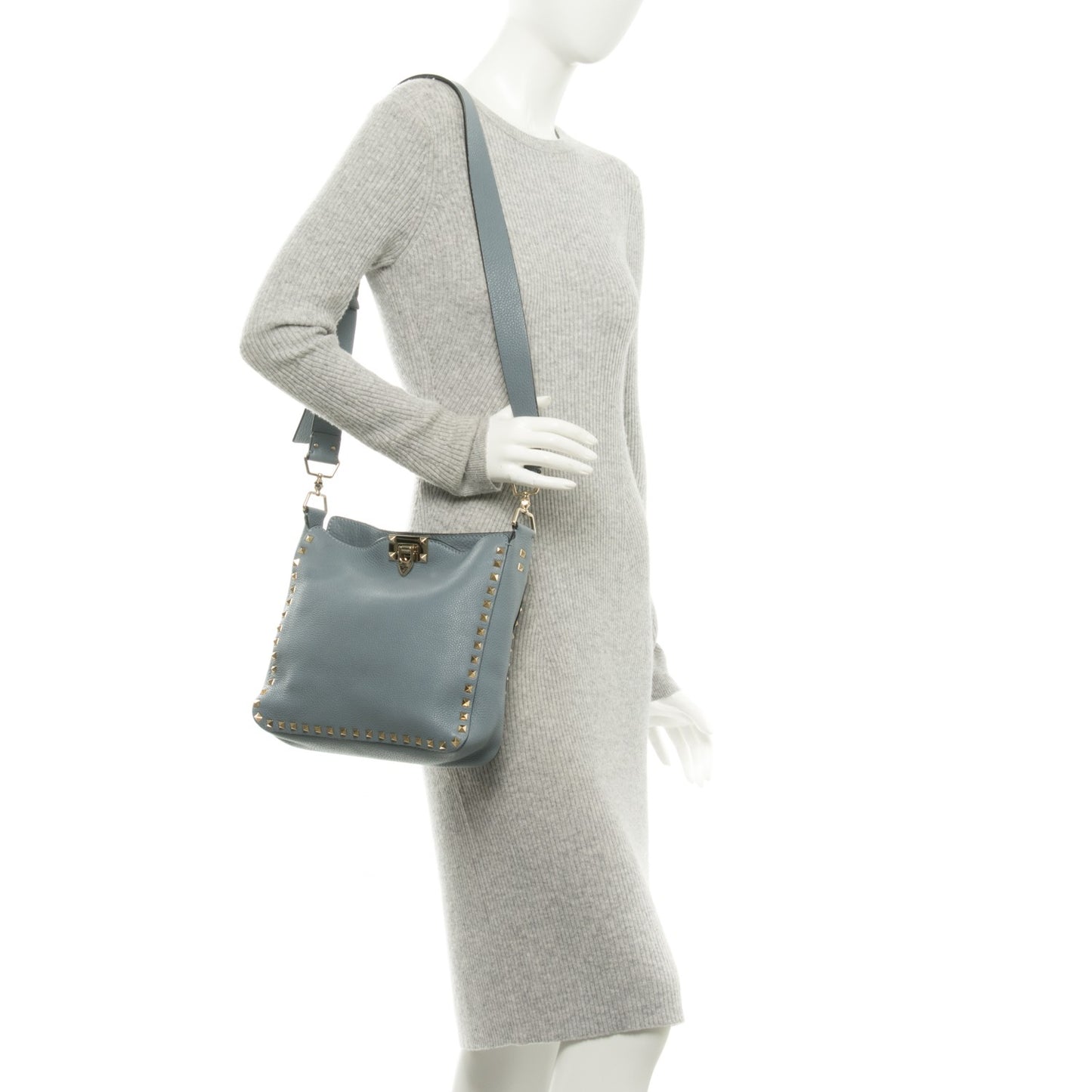 Pebbled Calfskin Small Rockstud Flip-Lock Messenger Bag Grey