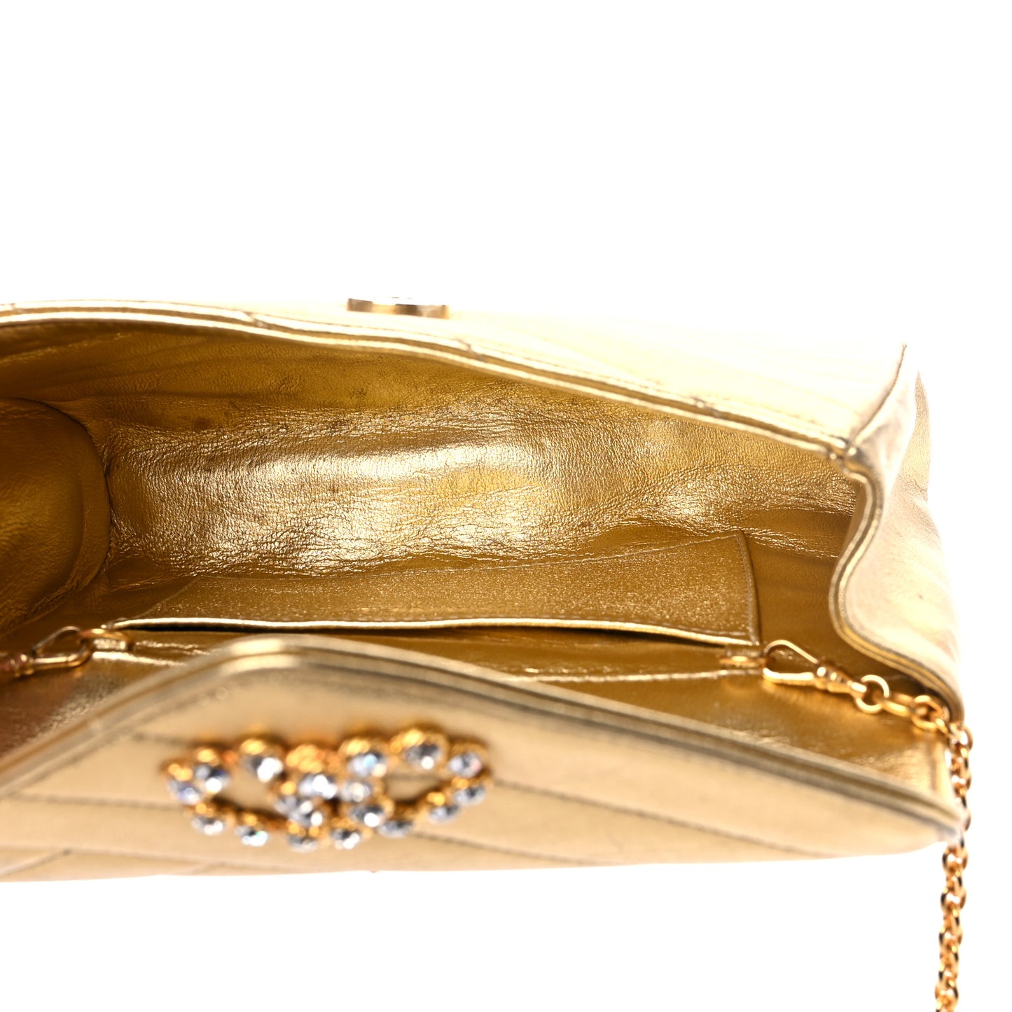 Metallic Lambskin Crystal Chevron Chain Clutch Gold