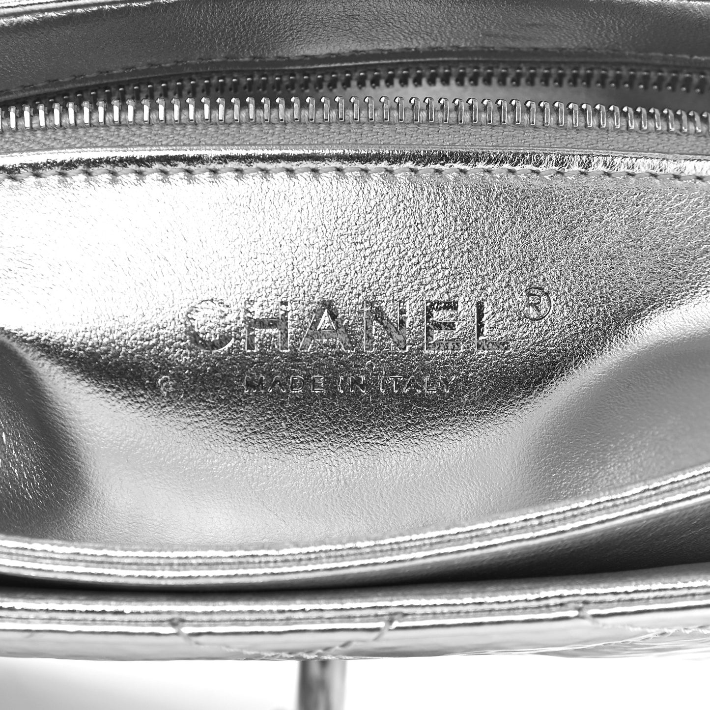 Hammered Metallic Calfskin Quilted Flap Silver
