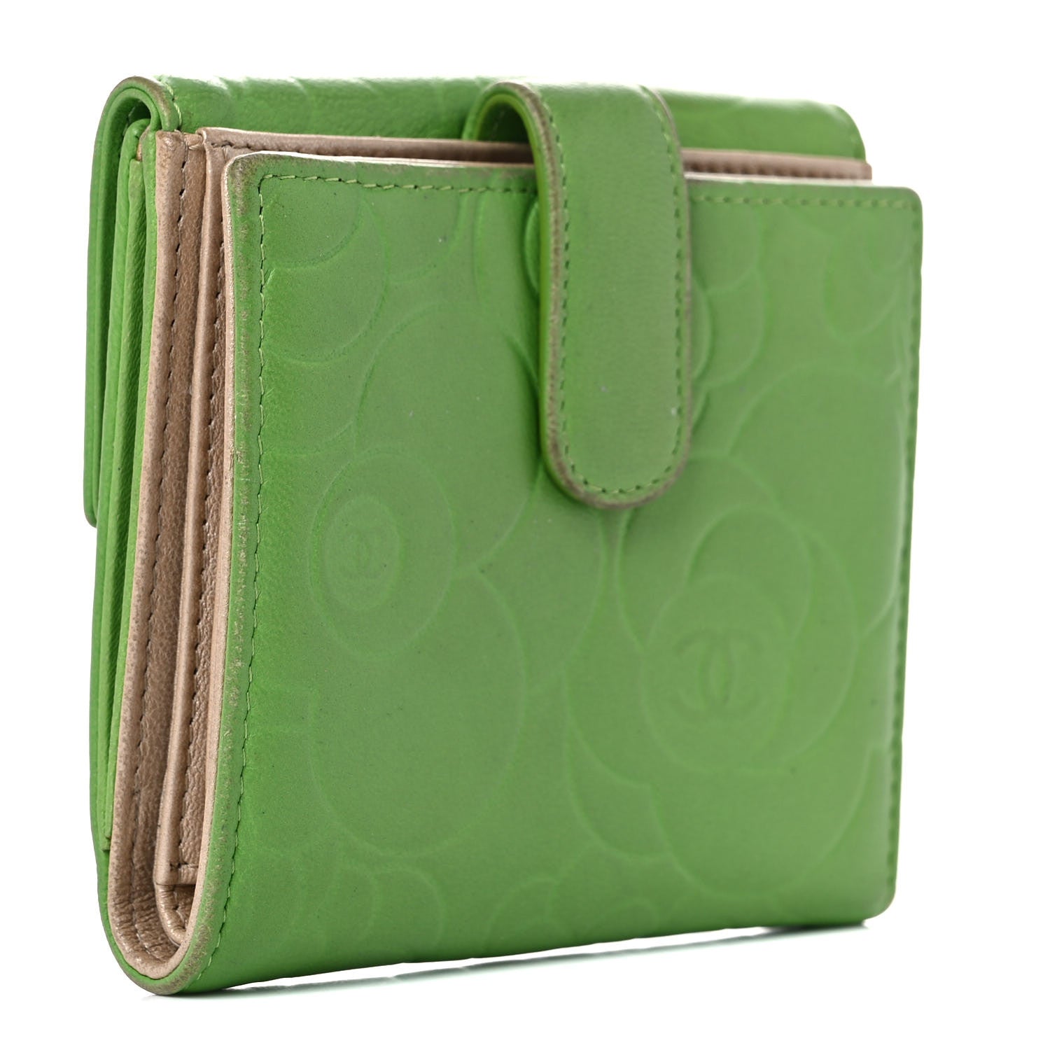 Chanel Lambskin Camellia Embossed Compact French Flap Wallet Green 3 of 21