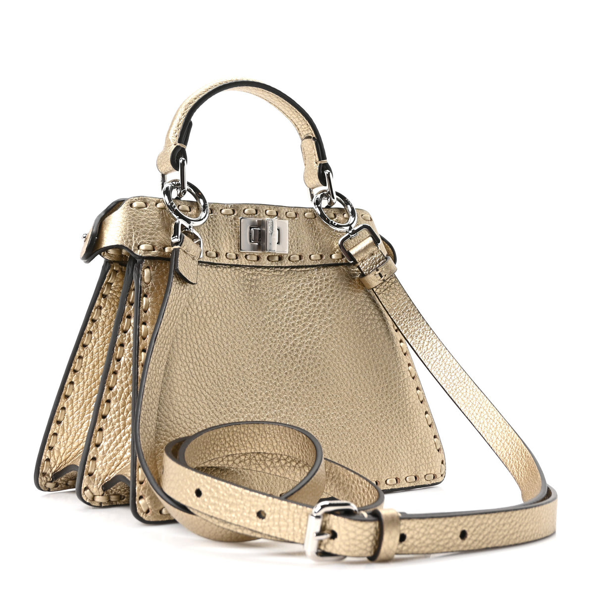 Fendi Metallic Cuoio Roma Sellerissima Nappa Sintetica Tape Stitch Petite Peekaboo I SEE U Iconic Satchel Platino 3 of 9