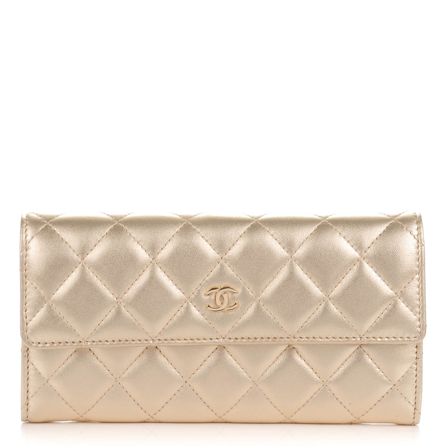 Metallic Lambskin Quilted Large Gusset Flap Wallet Gold