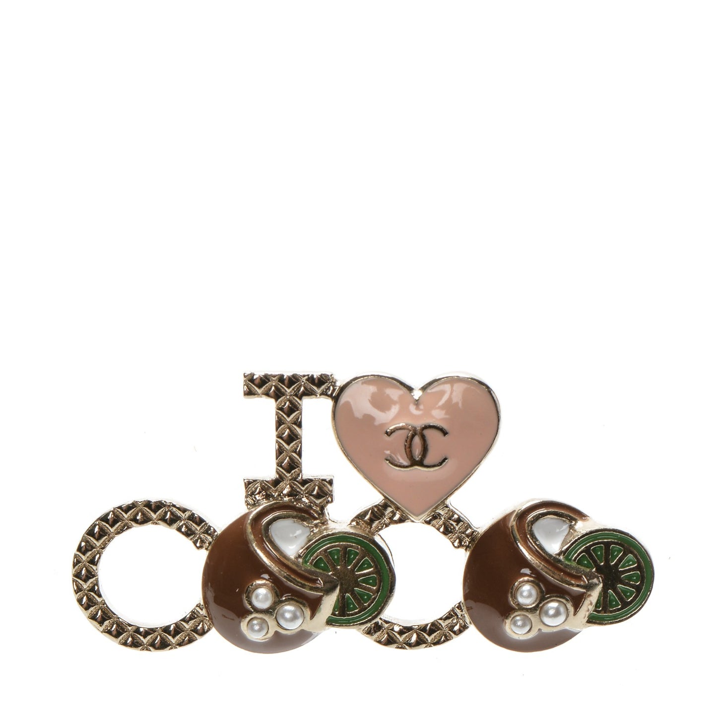 Metal Resin Pearl I Love Coco Brooch Gold Brown Pink
