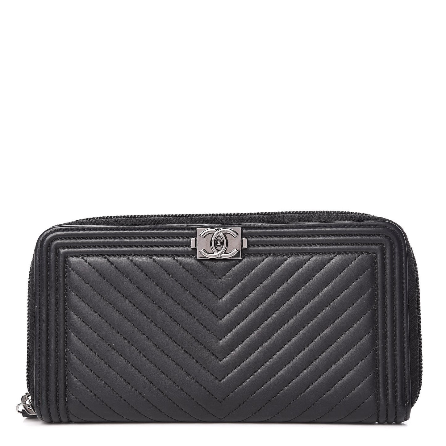 Lambskin Chevron Quilted Zip Around Boy Wallet Black