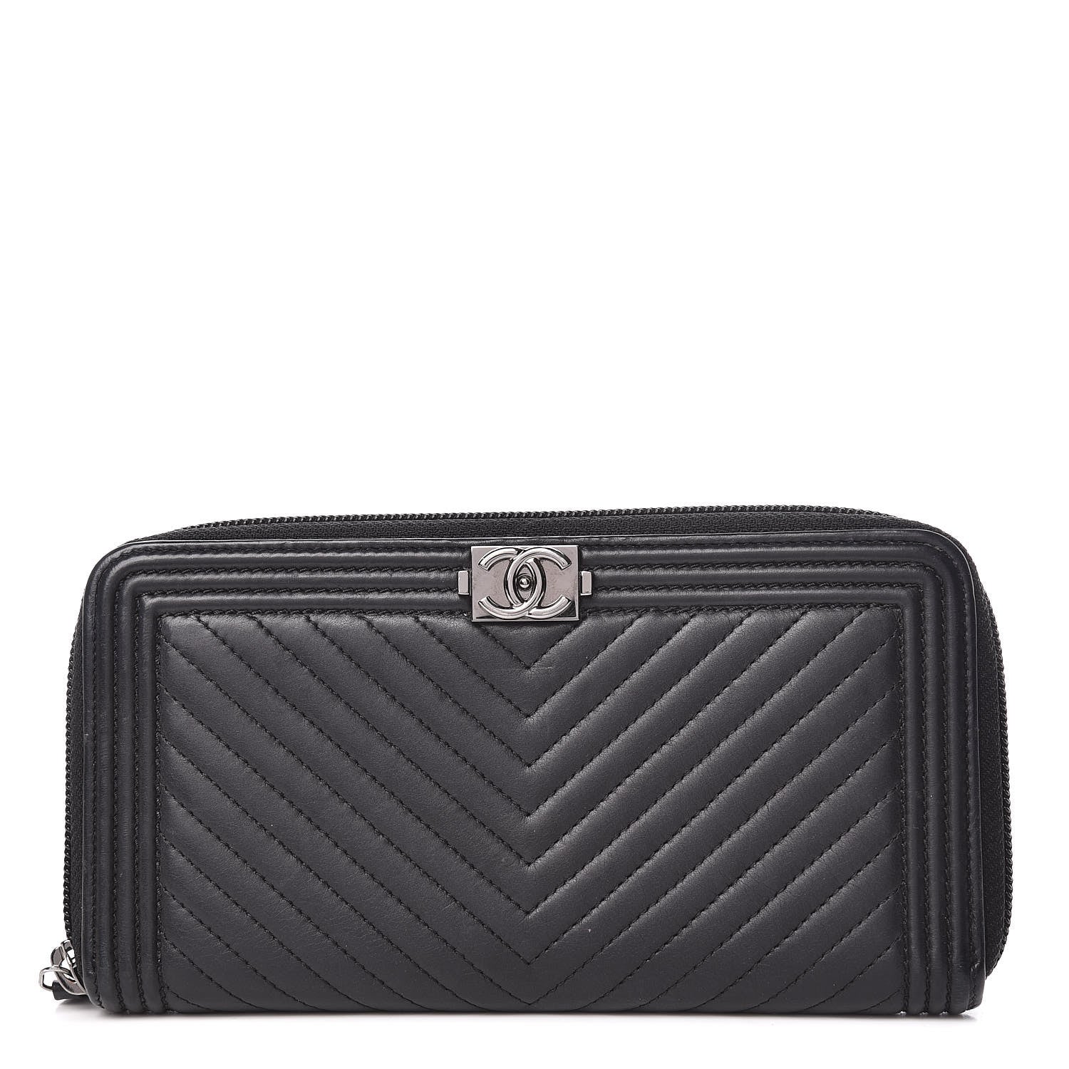 Chanel Lambskin Chevron Quilted Zip Around Boy Wallet Black 1 of 8