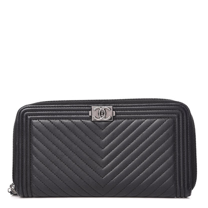 Chanel Lambskin Chevron Quilted Zip Around Boy Wallet Black 1 of 8