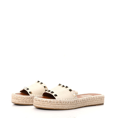 Valentino Garavani Grained Calfskin Rockstud Espadrille Flat Slide Sandals 35 Ivory 3 of 7