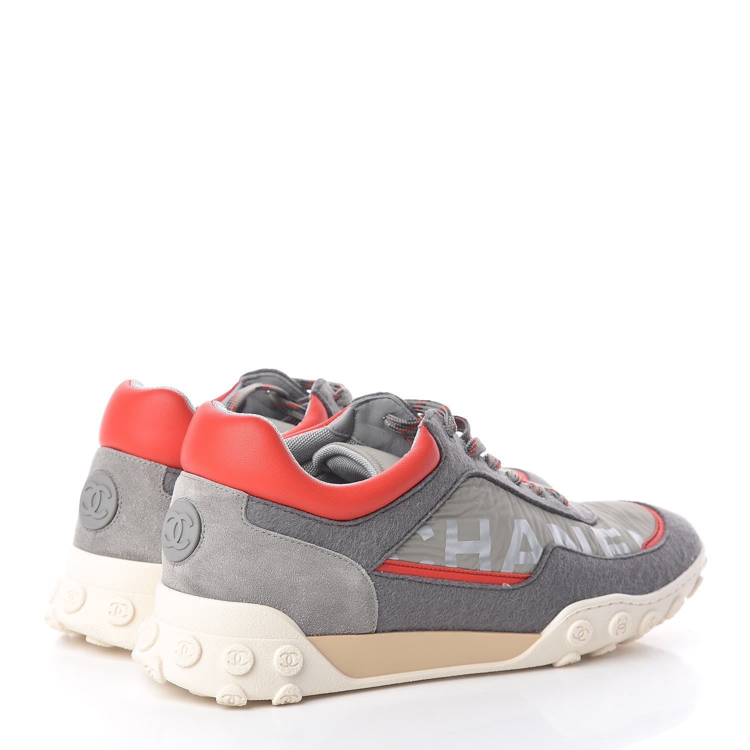 Chanel Nylon Calfskin Suede Mens CC Sneakers 41 Grey Orange 4 of 8