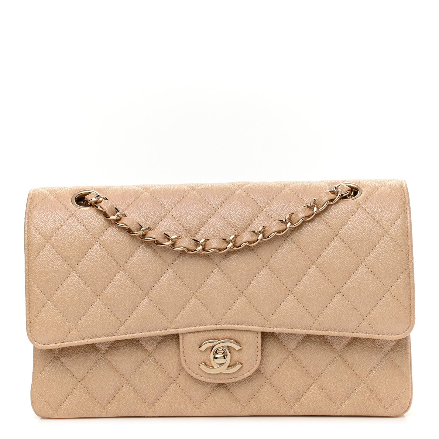 Iridescent Caviar Quilted Medium Double Flap Beige