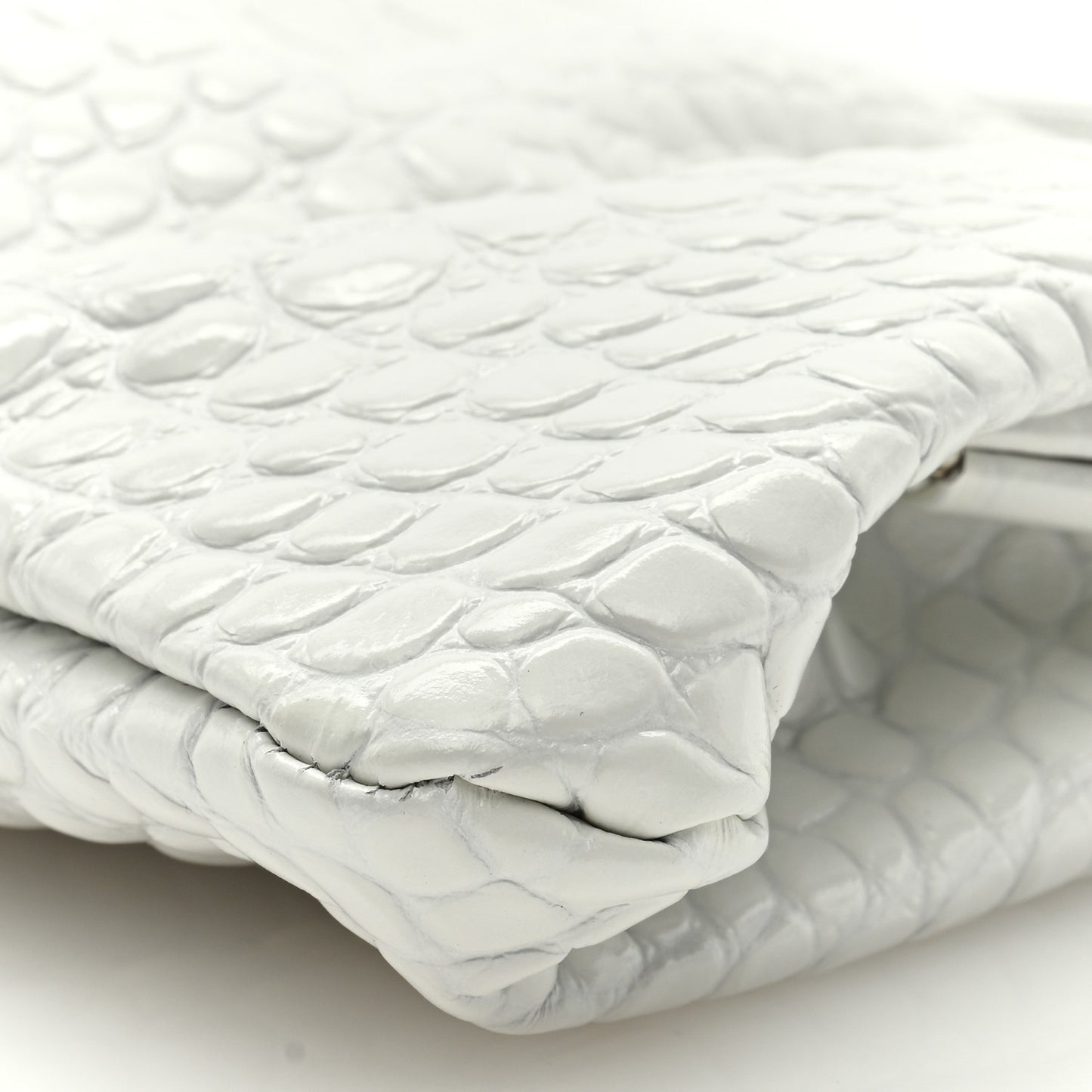 Shiny Supple Calfskin Logo Crocodile Embossed XL Cloud Clutch White