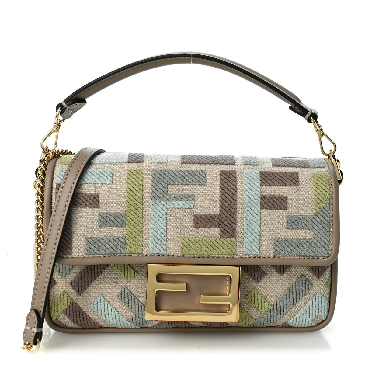 Canvas Vitello King Seta FF Embroidered Mini Baguette Matcha Milk Dove