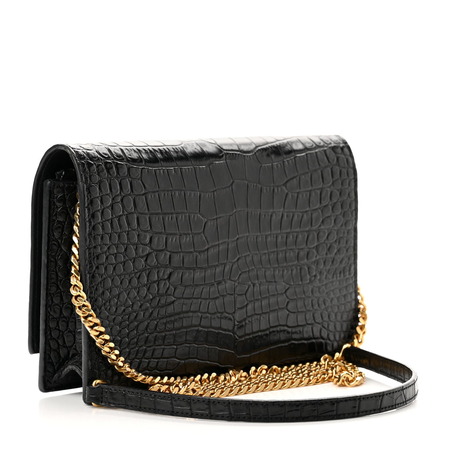Calfskin Crocodile Embossed Kate Monogram Tassel Chain Wallet Black