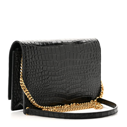 Saint Laurent Calfskin Crocodile Embossed Kate Monogram Tassel Chain Wallet Black 2 of 8