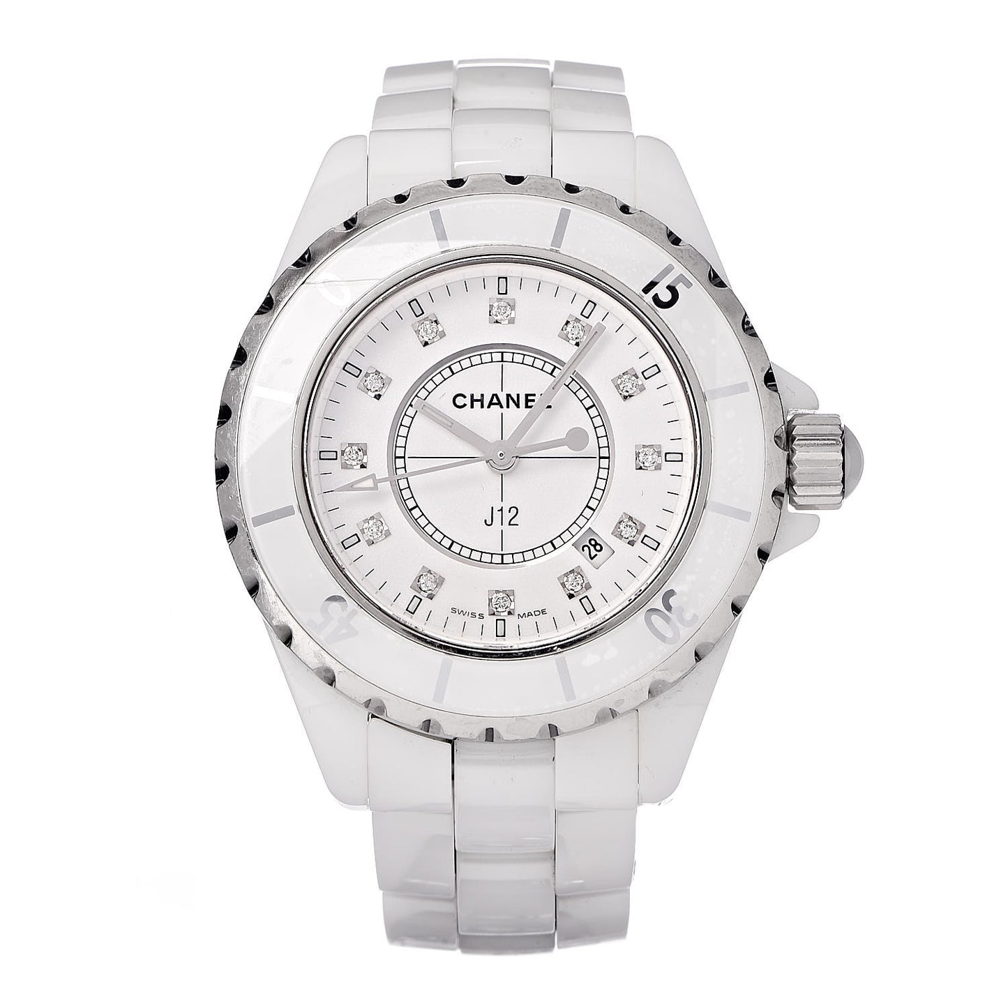 Stainless Steel Ceramic Diamond 33mm J12 Quartz Watch White