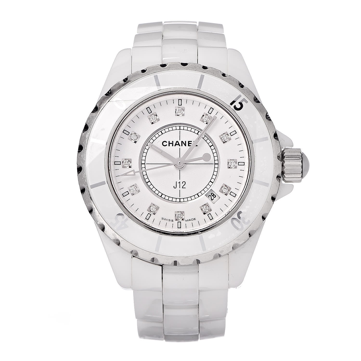 Chanel Stainless Steel Ceramic Diamond 33mm J12 Quartz Watch White 1 of 6