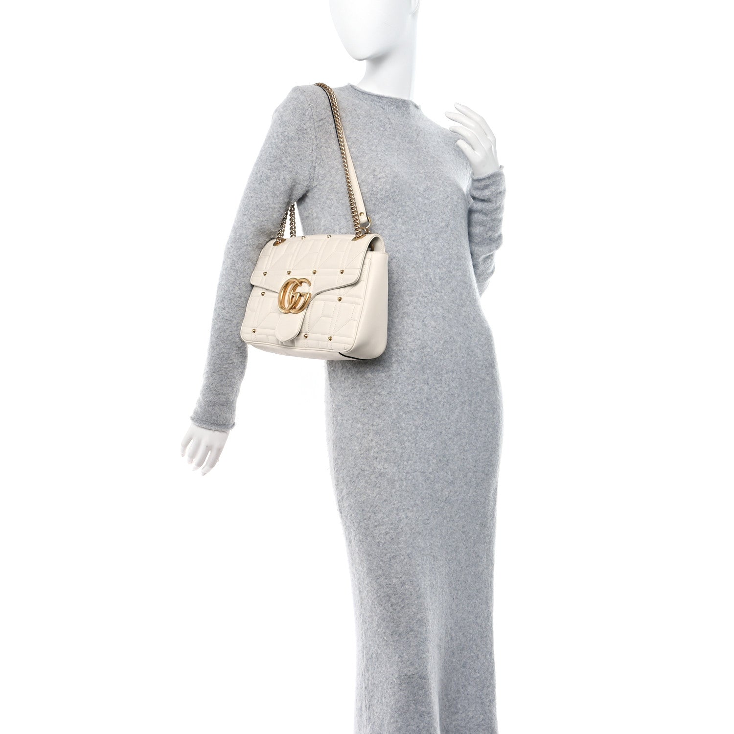 Gucci Calfskin Matelasse Studded Medium GG Marmont Shoulder Bag White 2 of 14