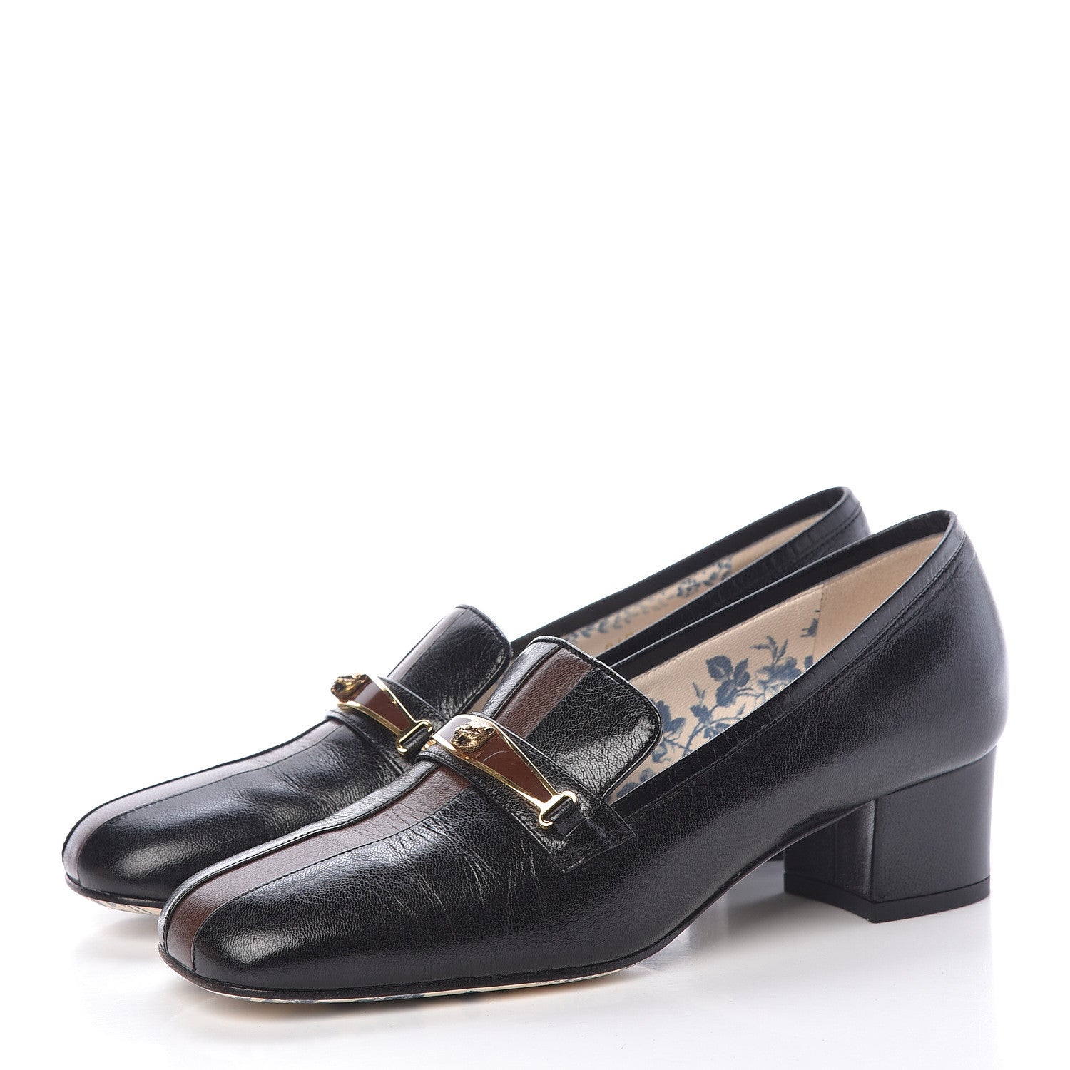 Gucci Goatskin Feline Ginger Loafer Pumps 37 Black Light Brown 3 of 8