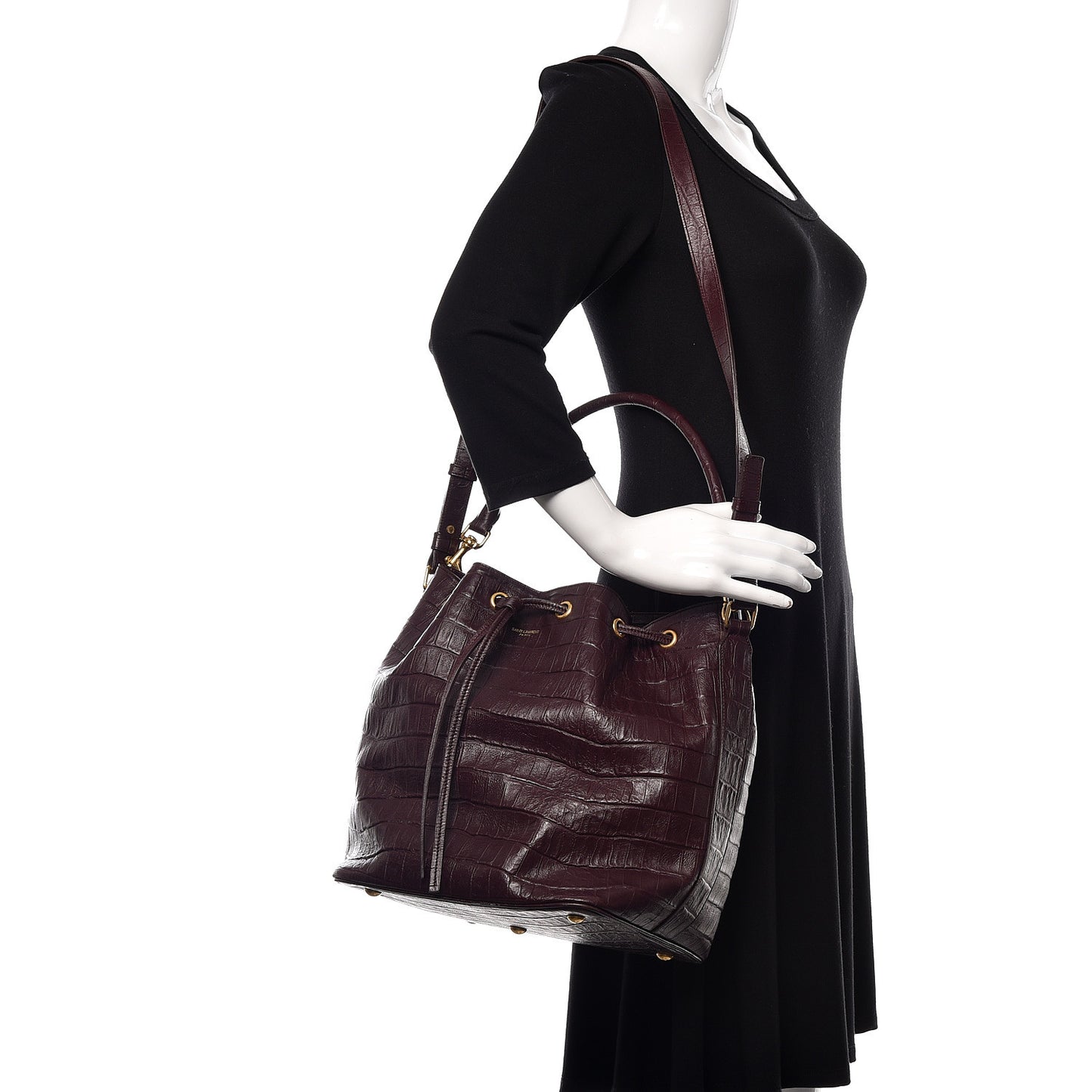Calfskin Crocodile Embossed Large Emmanuelle Bucket Bag Burgundy