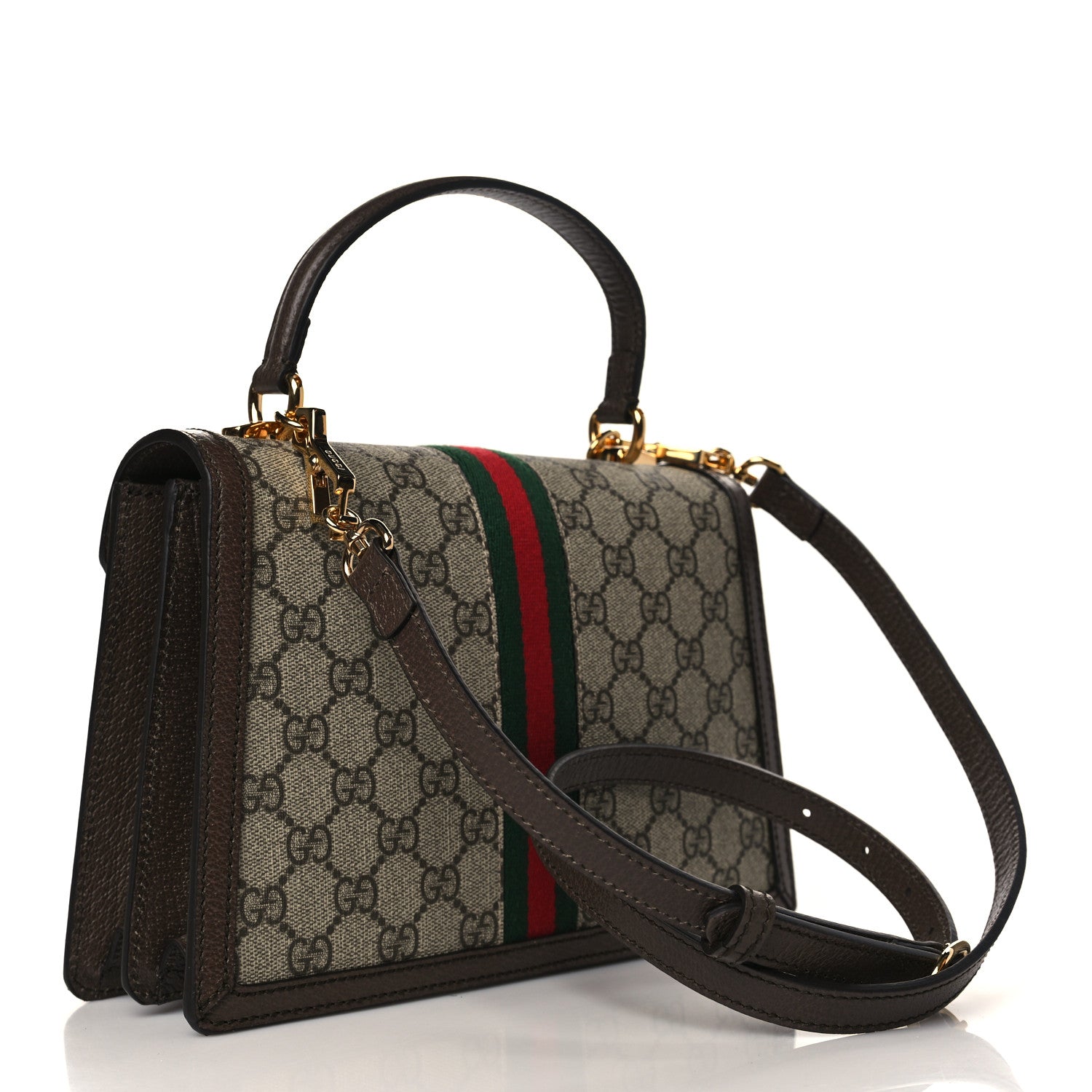 Gucci GG Supreme Monogram Textured Dollar Calfskin Web Small Ophidia Padlock Top Handle Bag Beige Ebony New Acero 3 of 9