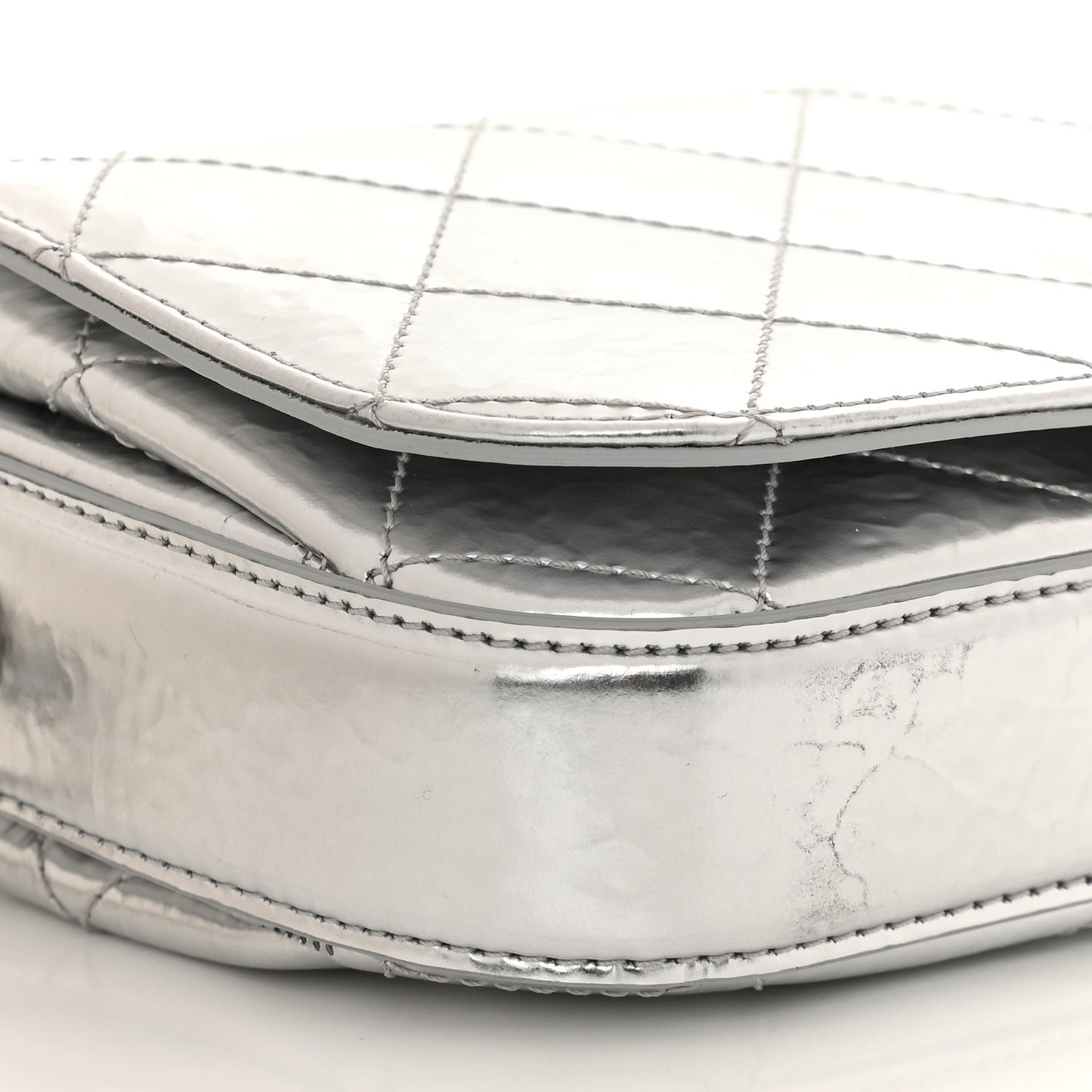 Hammered Metallic Calfskin Quilted Flap Silver